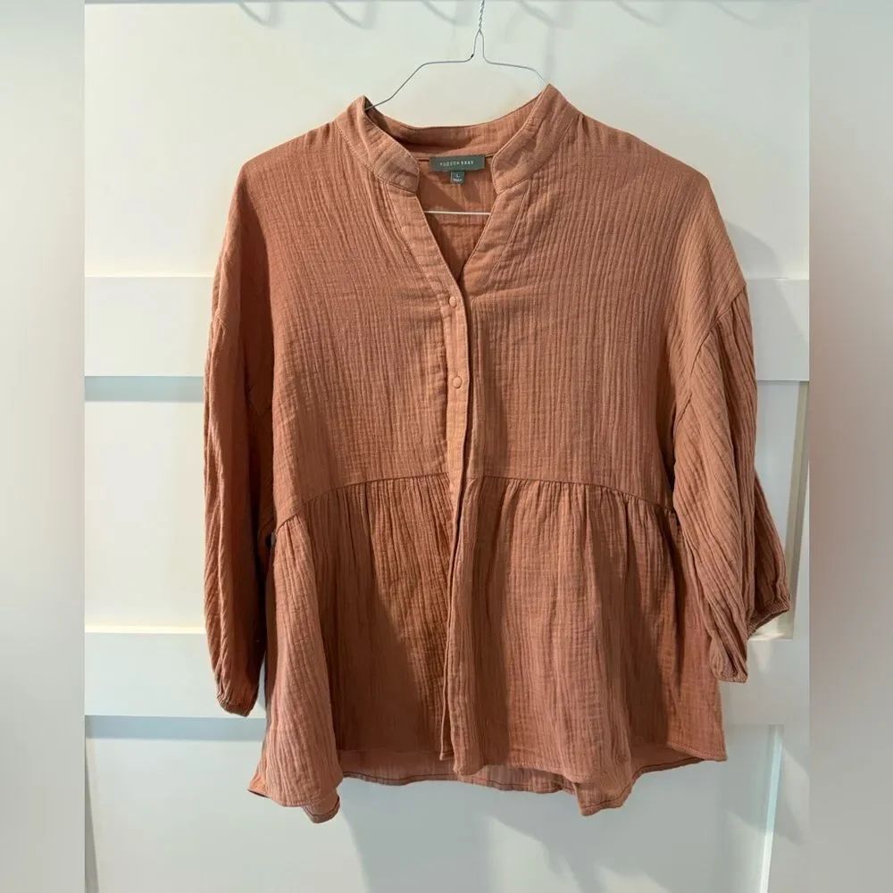 Hudson Gray Gauze Cotton Terra Cotta 3/4 Sleeve Blouse with Mandarin Collar